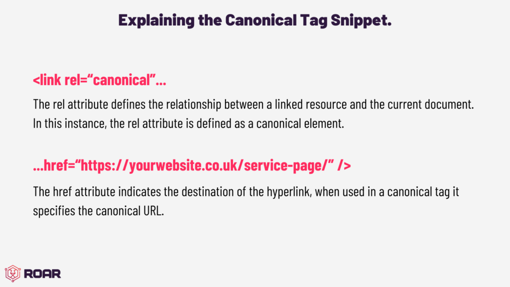 blog graphic breaking down a canonical tag snippet, what are canonical tags and how to use them