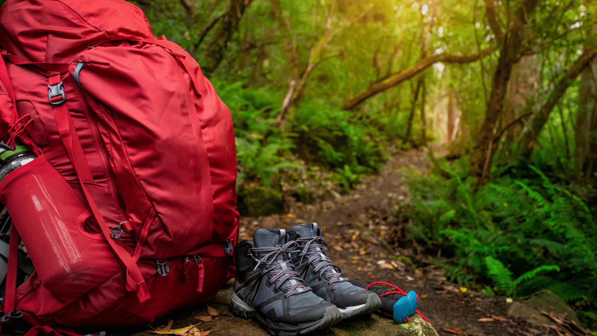 Rucksack and boots with jungle in the background