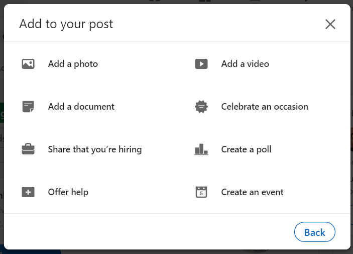 options available to add to your post in LinkedIn
