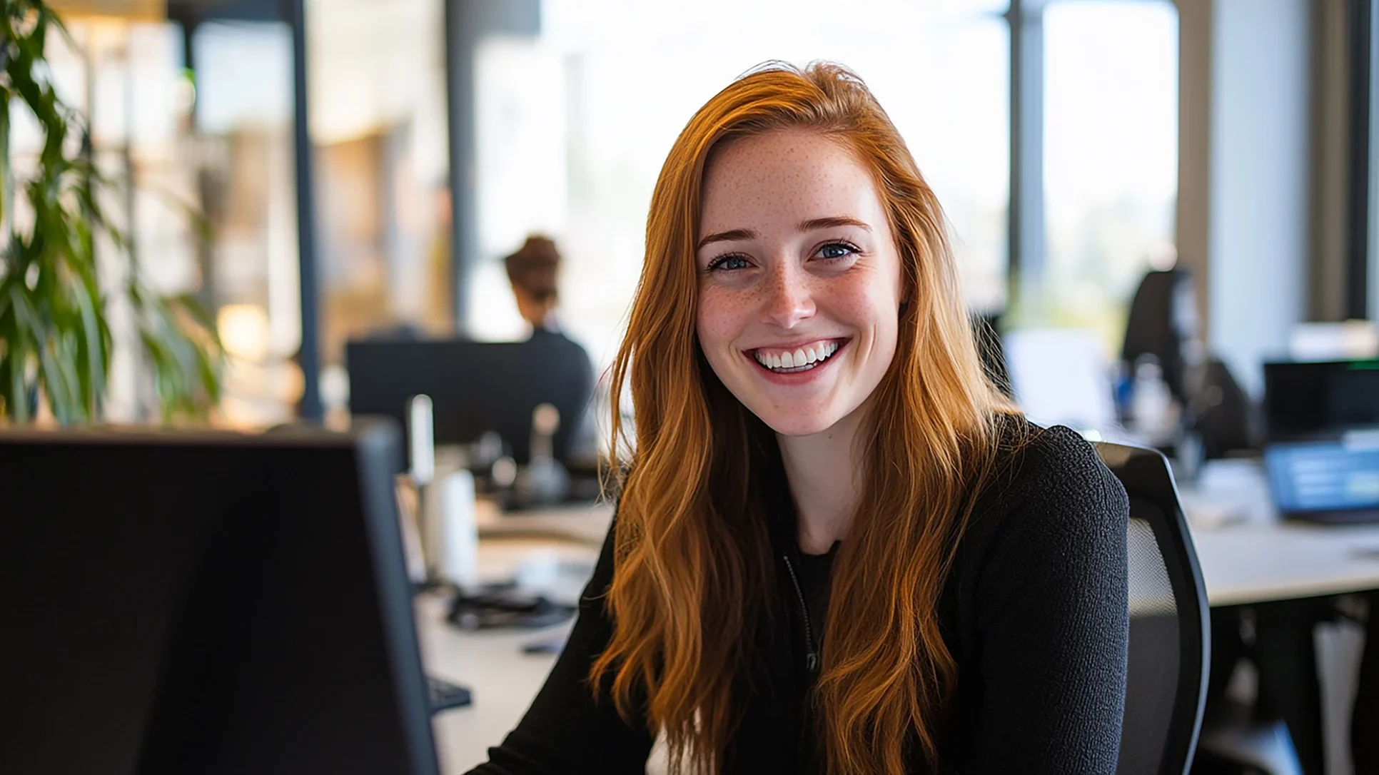 A smiling woman sits at a desk, working on a computer, creating a cheerful and productive atmosphere.
