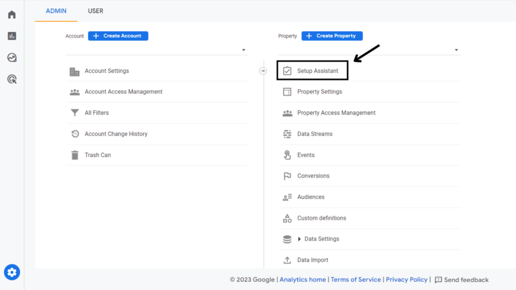 Screenshot of the setup assistant feature in Google Analytics 4