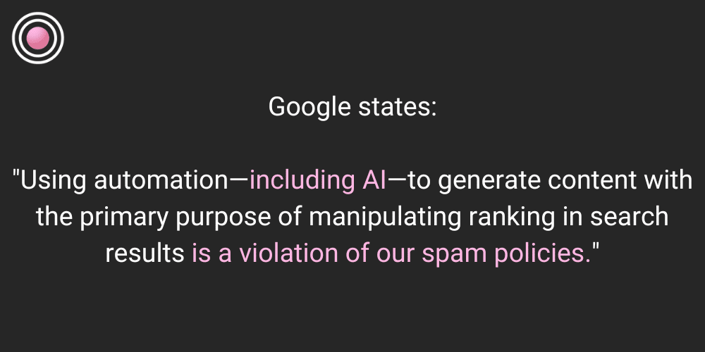 Google states: "Using automation—including AI—to generate content with the primary purpose of manipulating ranking in search results is a violation of our spam policies."