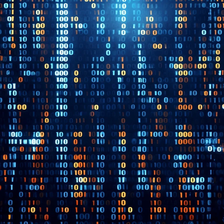 Binary code background illuminated by vibrant blue and orange lights, creating a tech-inspired atmosphere.