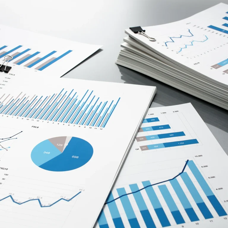 A stack of papers displaying various graphs and charts, illustrating data and trends.